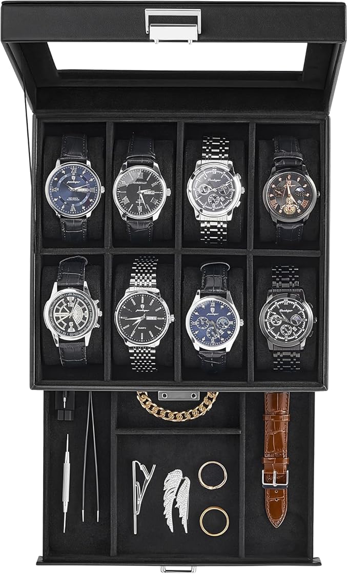 ProCase Watch Case, 8 Slot Mens Watch Box Holder Organizer with Glass Lid, 2-Layer Watches Display Case, Mens Jewelry Box with Drawer, Birthday Valentine Gifts for Men Women -8 Slot, Black