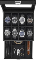 ProCase Watch Case, 8 Slot Mens Watch Box Holder Organizer with Glass Lid, 2-Layer Watches Display Case, Mens Jewelry Box with Drawer, Birthday Valentine Gifts for Men Women -8 Slot, Black