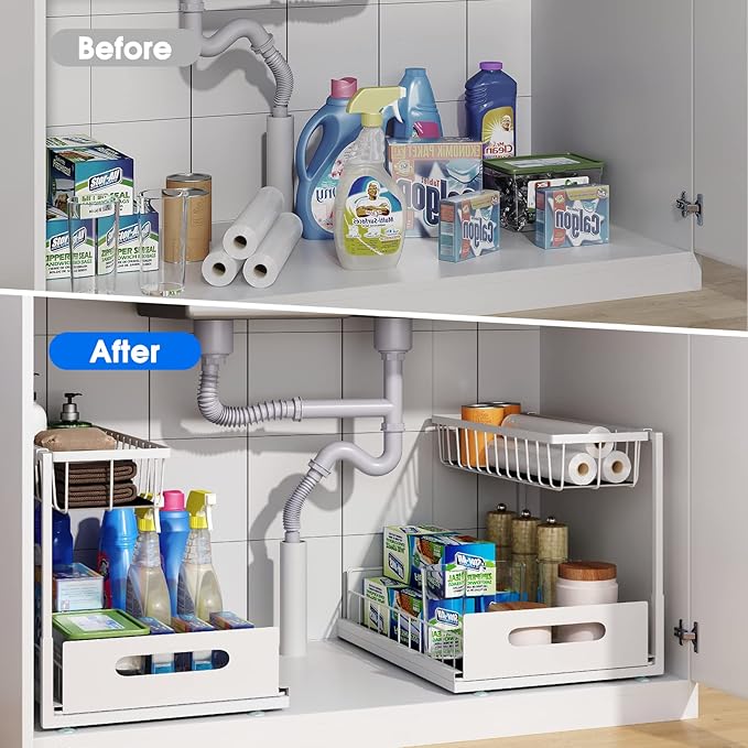 UINOFLE 2 Pack Under Sink Organizer, 2 Tier Pull-Out Cabinet Storage Shelf, Rust-Resistant Metal Organizer for Kitchen Bathroom Laundry Room, No Tools Installation, White