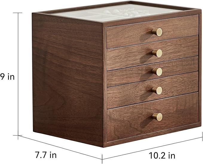 CHOSIN Black Walnut Wooden Jewelry Box Women large 5 Level Drawer Organizer Box with Glass Lid for Necklaces Watch Necklace Ring Earring Storage Valentine's Day Gifts