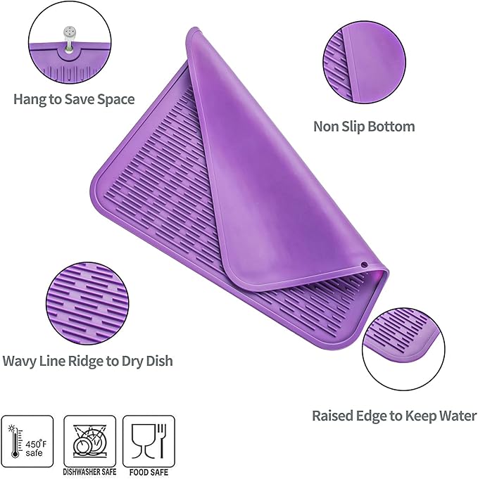 MicoYang Silicone Dish Drying Mat for Multiple Usage,Easy clean,Eco-friendly,Heat-resistant Silicone Mat for Kitchen Counter or Sink,Refrigerator or Drawer Liner Purple XL 18 inches x 16 inches
