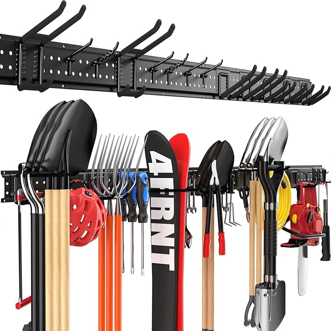 ZICANYCO Garage Tool Organizer Wall Mount 64 inches with 13 Adjustable Heavy-Duty Hooks, Garage Organization, Garden Tool Storage Rack, Yard, and Shed, Holds Up to 520 lbs