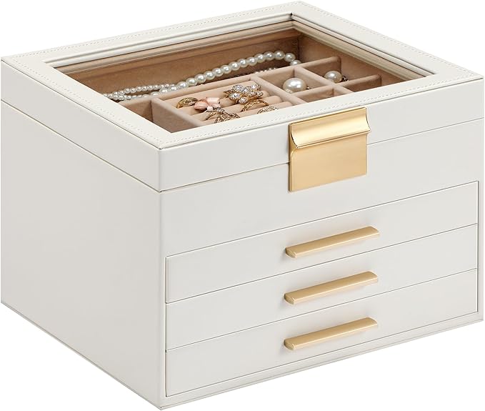 Jewelry Box Organizer for Women,4 Layers Jewelry Storage Display Box with Glass Lid,Gift for Christmas,3 Drawers,Large Capacity for Necklace Earrings Bracelets Rings,White
