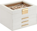 Jewelry Box Organizer for Women,4 Layers Jewelry Storage Display Box with Glass Lid,Gift for Christmas,3 Drawers,Large Capacity for Necklace Earrings Bracelets Rings,White