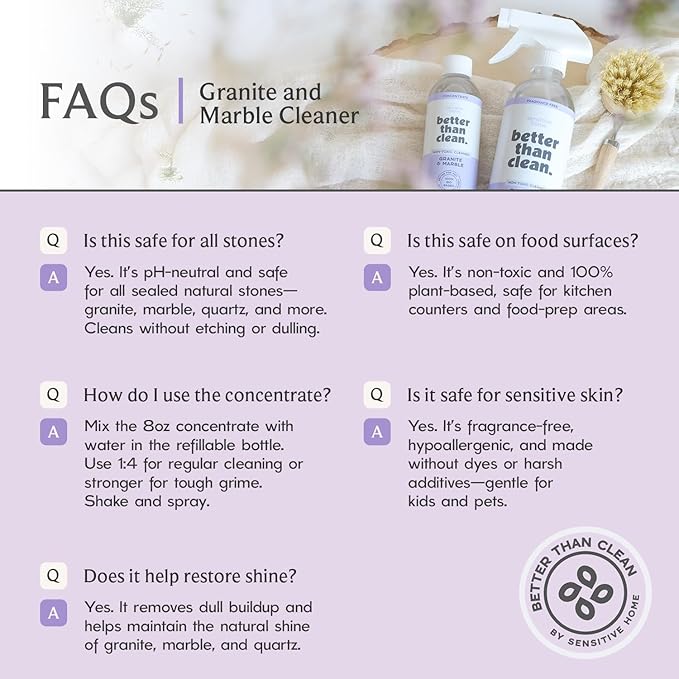 Better Than Clean Marble & Granite Cleaner Starter Pack - Plant-Based Natural Stone Cleaner for Countertops, Showers, Floors & More - Suitable for Sensitive Skin, Fragrance Free, Kids & Pet-Friendly