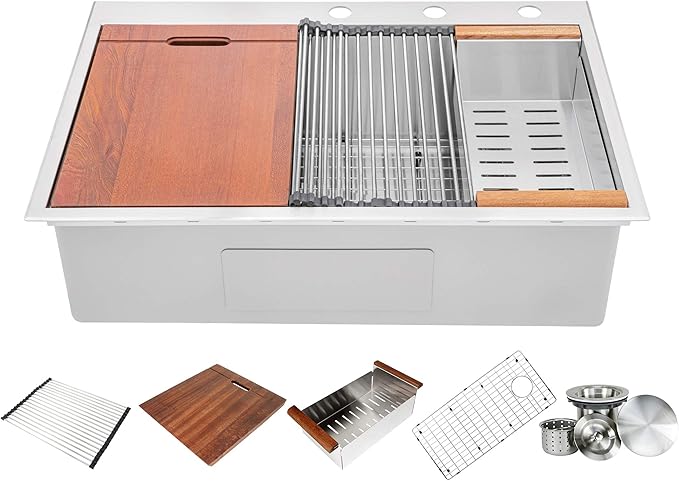 33” x 22” Workstation Topmount/Drop-in Stainless Steel Sink, 16-Gauge Bowl 15mm Radius, Accessories Includes Bottom Protective Grid, Dish Rack, Colander, Strainer & Cutting Board