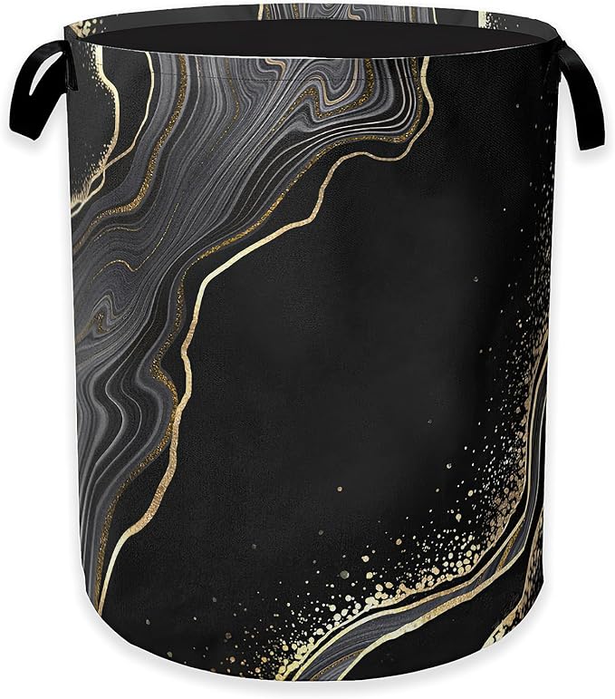 Black Gold Marble Laundry Basket,Modern Clothes Hamper,Oxford Cloth Collapsible Nursery Hamper Storage Organization for Bedroom,Bathroom,Office,College Dorms,16x20 Inch
