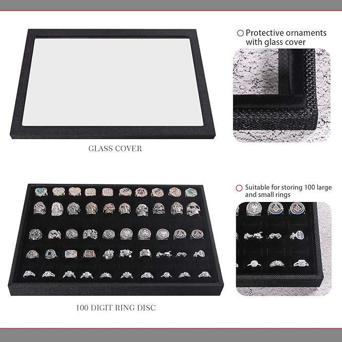 Julysky 4 Pcs/set Stackable Jewelry Organizer Trays with Glass Lid,100 Slots Ring Holder,Bracelet Displays Stand for Selling Necklace Earring Rack