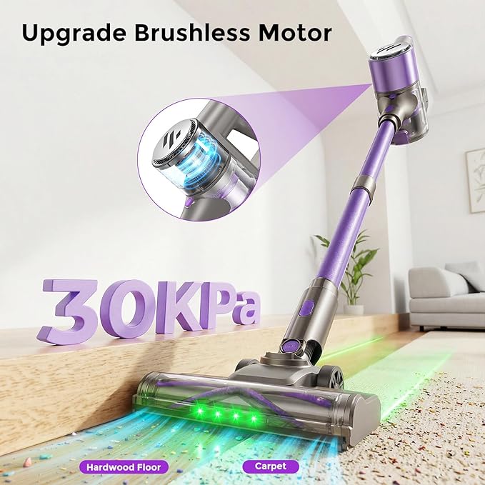 MBTTODF Cordless Vacuum Cleaner,Vacuum Cleaner for Home with Brushless Motor,Lightweight Stick Vacuum with Self-Standing and Touch Screen,Hardwood Floor Vacuum for Pet Hair,Carpets,Tile(Purple)