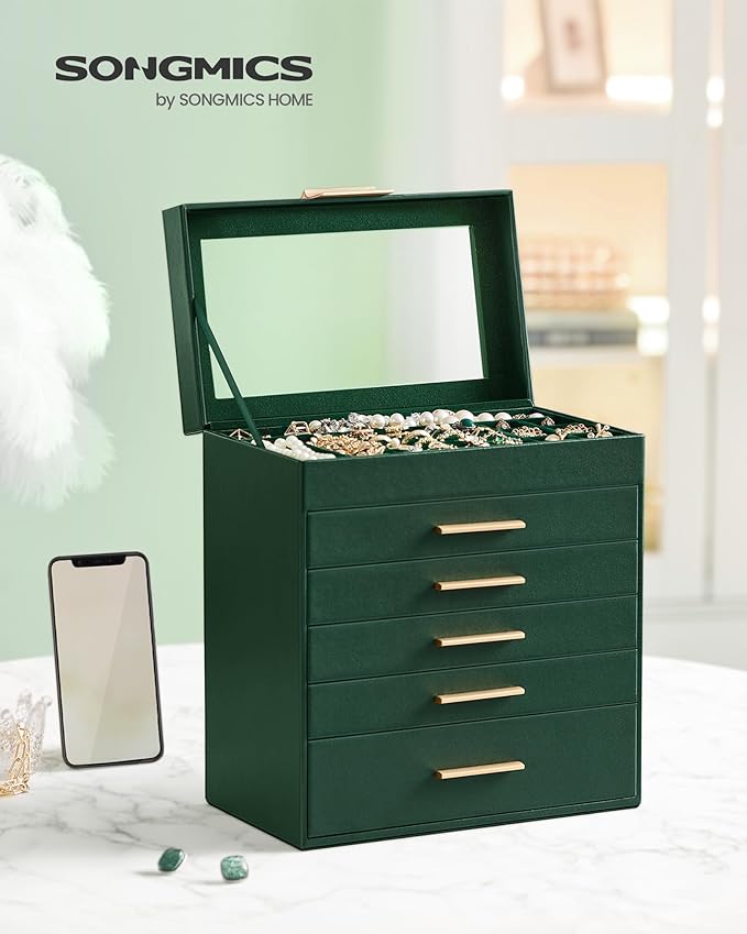 SONGMICS Jewelry Box Organizer with Glass Lid, 6-Layer Jewelry Storage, with 5 Drawers, Modern Style, 6.4 x 9.9 x 11.4 Inches, Forest Green and Gold Color UJBC171C01