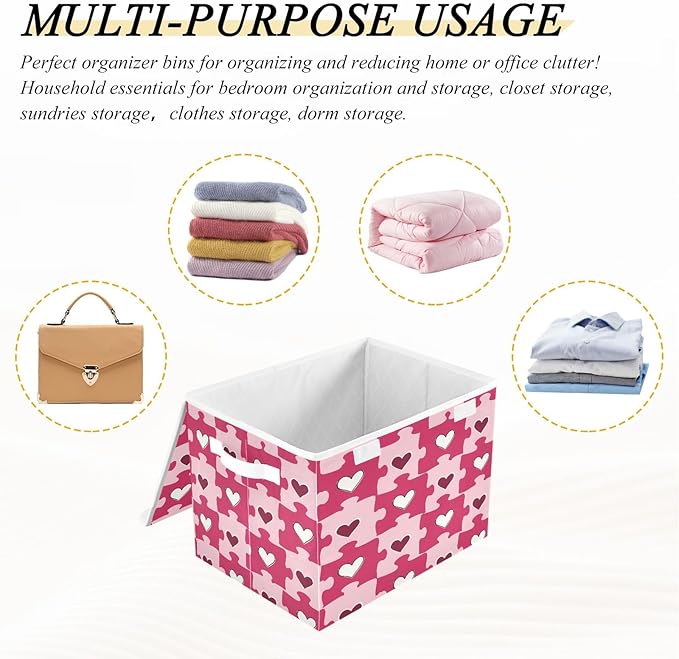 Bolaz Heart Shaped Love Puzzle Storage Bins with Lids and Handles, Foldable Storage Box Storage Basket with Cover Collapsible Organizer Containers for Home Closet, Shelves
