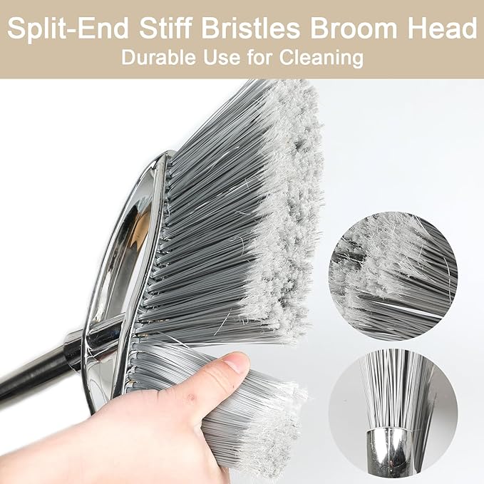Outdoor Broom and Dustpan Comb Set,Heavy Duty Stainless Steel Metal Dust Pan with Long Handle Commercial Stiff Bristles Broom for Home Garage Garden Patio
