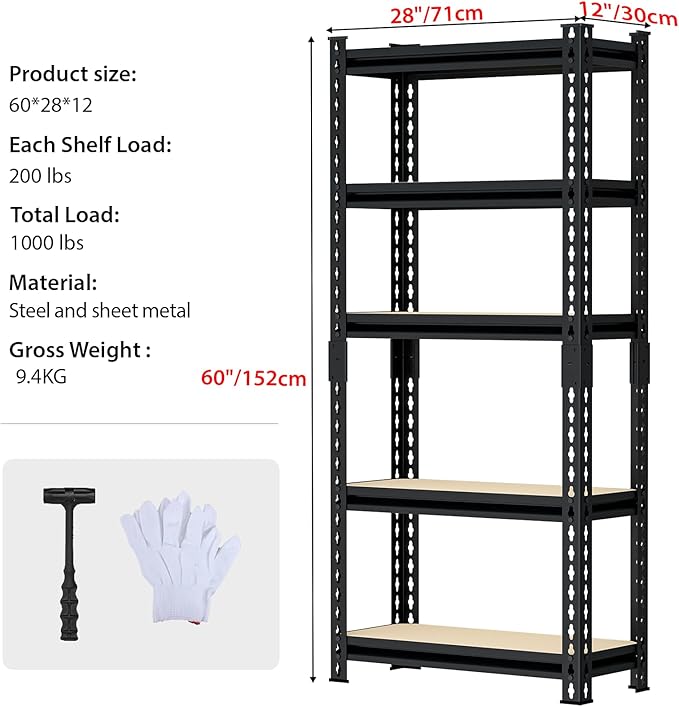 CXDMB Heavy Duty 60" H Garage Shelving Unit, 5 Tier Adjustable Metal Storage Rack, 1000 LBS Capacity, for Warehouse, Pantry, Closet, Kitchen