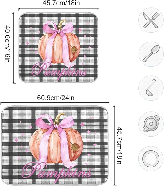 Fall Pumpkin Dish Drying Mat for Kitchen Maple Leaves Black Buffalo Plaid Microfiber Drying Mats Absorbent Reversible Thanksgiving Day Thankful Grateful Blessed Dish Pad Medium Dish Mat 16x18 inch