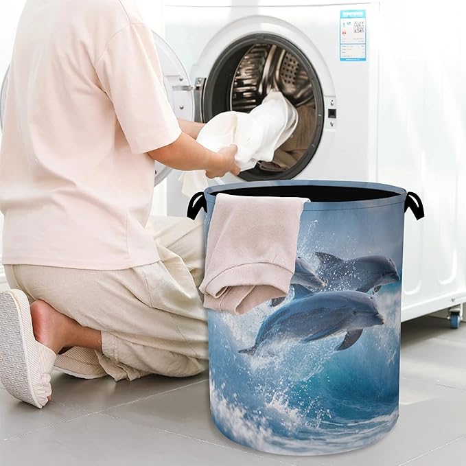 Dolphin Laundry Basket,Ocean Foldable Oxford Cloth Tote Bag Laundry Hamper Clothes Storage Bucket Organizer for Bedroom Laundry Storage Dormitories 16" x 20.8"