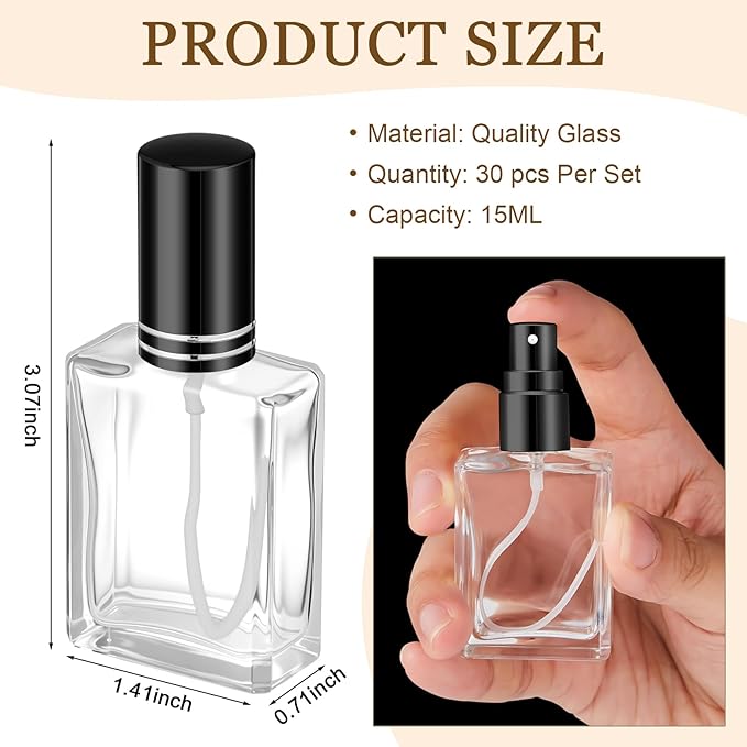 Domensi 30 Pcs 15 ml Glass Perfume Bottles Mini Glass Empty Spray Atomizer Bottles Bulk Refillable Perfume Dispenser Container with Pump Tool for Travel Cleaning Skin Care(Black, Gold, Silver)