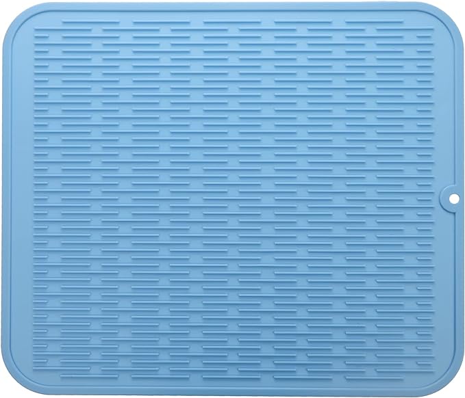 MicoYang Silicone Dish Drying Mat for Multiple Usage,Easy clean,Eco-friendly,Heat-resistant Silicone Mat for Kitchen Counter or Sink,Refrigerator or Drawer Liner Light Blue XL 18 inches x 16 inches