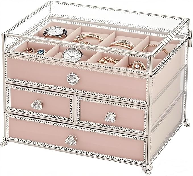 Hersoo Luxury 3-TierSilver Stackable Jewelry Organizer&Display Case,Premium Modular Storage for High-end Jewelry with Removable Pink Velvet,Elegant Jewelry Showcase