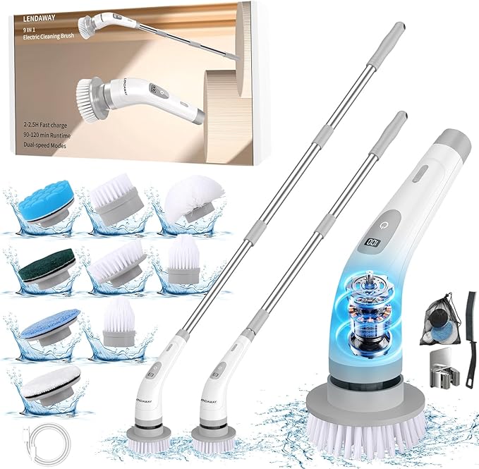 LENDAWAY 9-in-1 Multi-Purpose Electric Spin Scrubber for Cleaning, 2 Speed Long Handle Shower Scrubber, Replaceable Cleaner Brush Heads for Floors, Windows, Bathtub, Grout, Tiles, Sink, Car, Bathroom