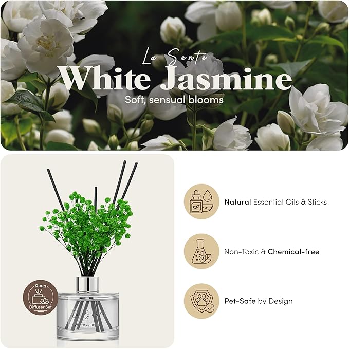 Reed Diffuser Set (6.7fl oz), Natural White Jasmine Essential Oil Fragrance with Glass Bottle, Black Rattan Sticks & Preserved Flowers, Up to 120 Days Lasting Fragrance for Home & Office