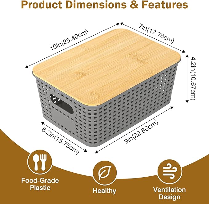 Stackable Storage Basket: Plastic Storage Bins, Baskets for Organizing, Pantry Decorative Containers for Closets, Cabinets, Shelves(8 Pack, Grey)