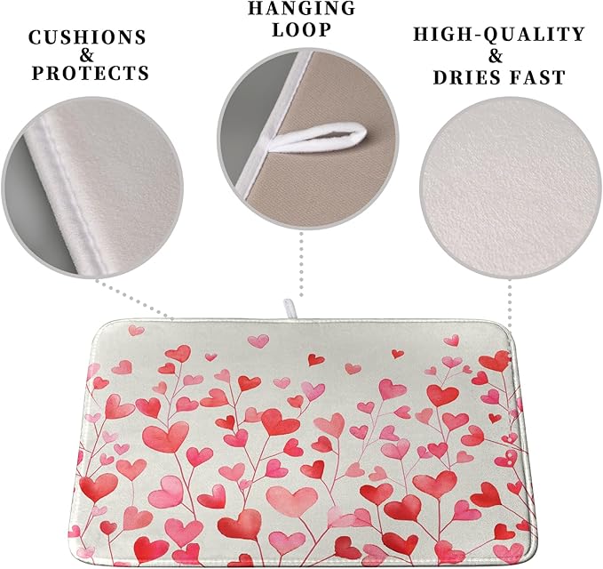 Kwlegh Valentines Pink Love Heart Dish Drying Mat Valentine Day Absorbent Microfiber Dish Drying Pad Heat Resistant Kitchen Counter Draining Mat Extra Large Dish Drainer Rack Mats 16x18 Inch