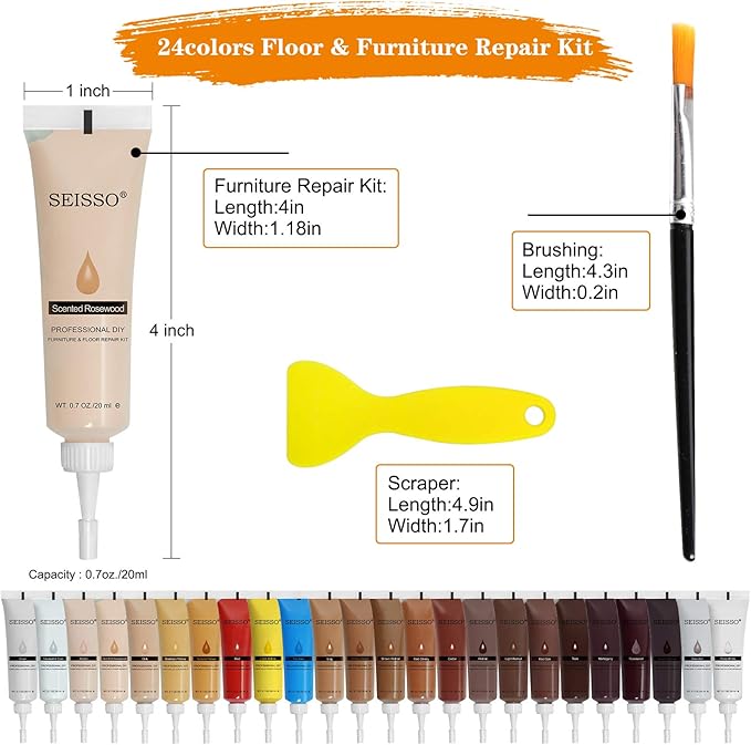 SEISSO Wood Furniture Repair Kit -Set of 50, 24 Colors Wood Touch up Fillers, Wood Repair Paint with Scraper and Brushes, Repair Scratches, Cracks, Stains, Hole, for Tables, Laminate, Cabinet, Floors