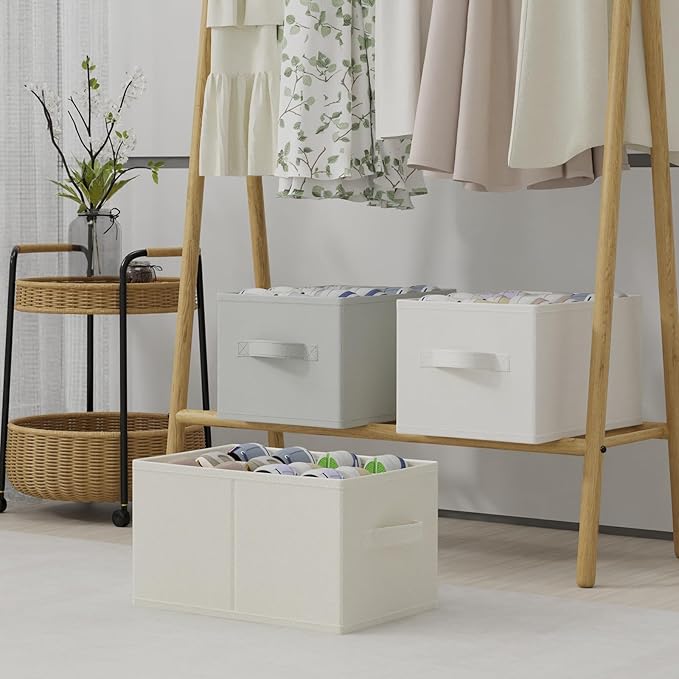 2 Pack Shoe Storage Bins, Fits Up to 24 Pairs, Foldable Space-saving Closet Organizers System, Clothes Basket with Reinforced Handles, 16.5 x 12.6 x 10.2 In, White & Ivory, XSNX02W-2