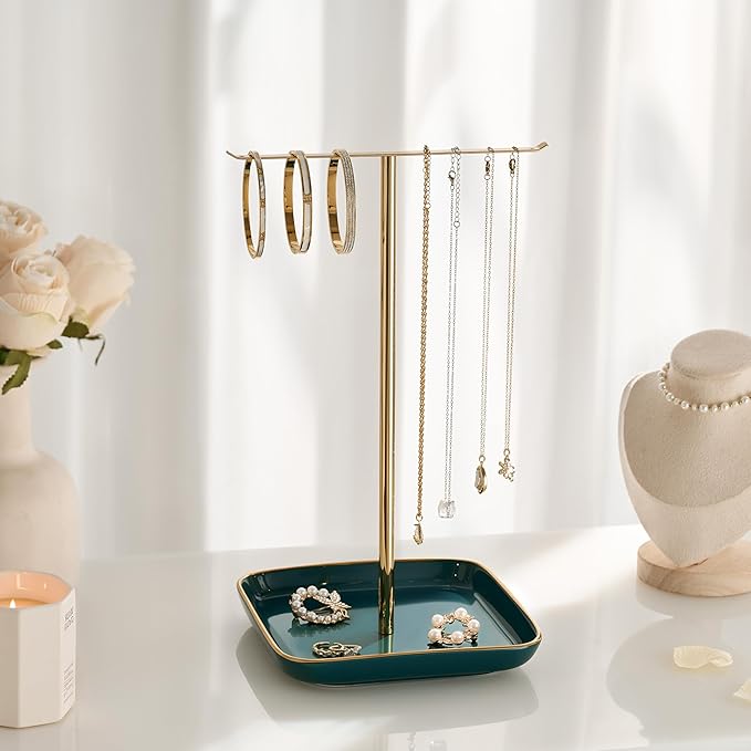 pickpiff Necklace Holder Stand with Ceramic Base: 12" Jewelry Tree Display Organizer for Necklaces, Bracelets, Rings, Earrings, Tall Gold and Green Stand for Women, Aesthetic Room Décor