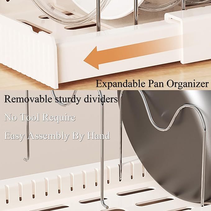 LICRUGU Pots and Pans Organizer Under Cabinet 7 Adjustable Dividers Expandable Pot Pan Lid Holder Organizers Rack inside Cabinet for Kitchen Storage Cookware, Cutting Boards, Lid, Dishes,White