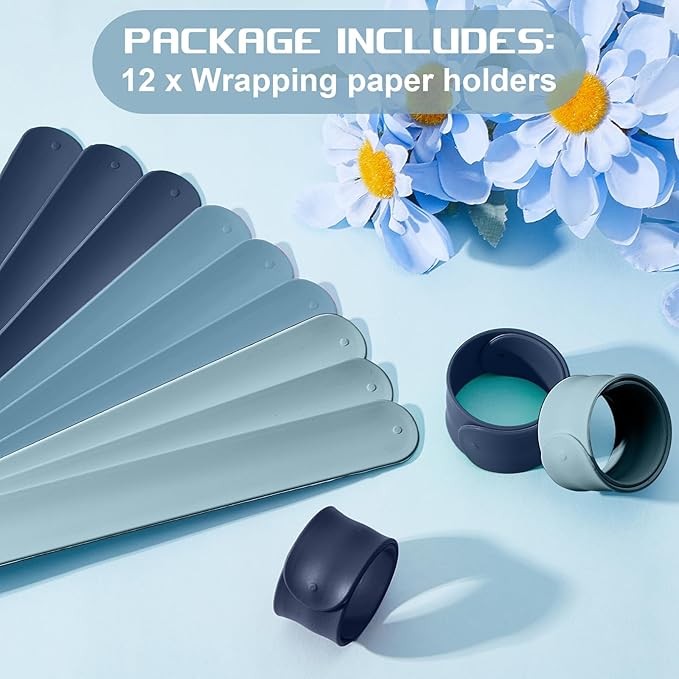 Charniol 12 Pieces Wrapping Paper Roll Holder Holiday Flip Wraps Silicone Covered Metal Strips Flip 1 x 9 Inch Stabilizer Slap Band for Poster Gift Paper Vinyl Storage Organize (Blue)