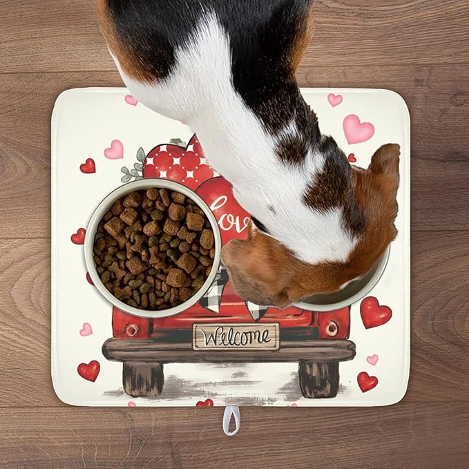 Valentines Day Red Truck Dish Drying Mat for Kitchen Counter 18x16 Inch Pink Heart Drying Mat with Absorbent Reversible Microfiber Love Dish Drainer Mats Rack Pad for Coffee Countertop Protector