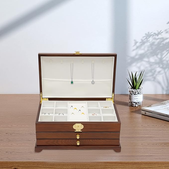 Eapmic Extra Large 3 Layers Wooden Jewelry Box Jewelry Case Cabinet Armoire Ring Necklacel Gift Storage Box Organizer(3 Layers,Brown)