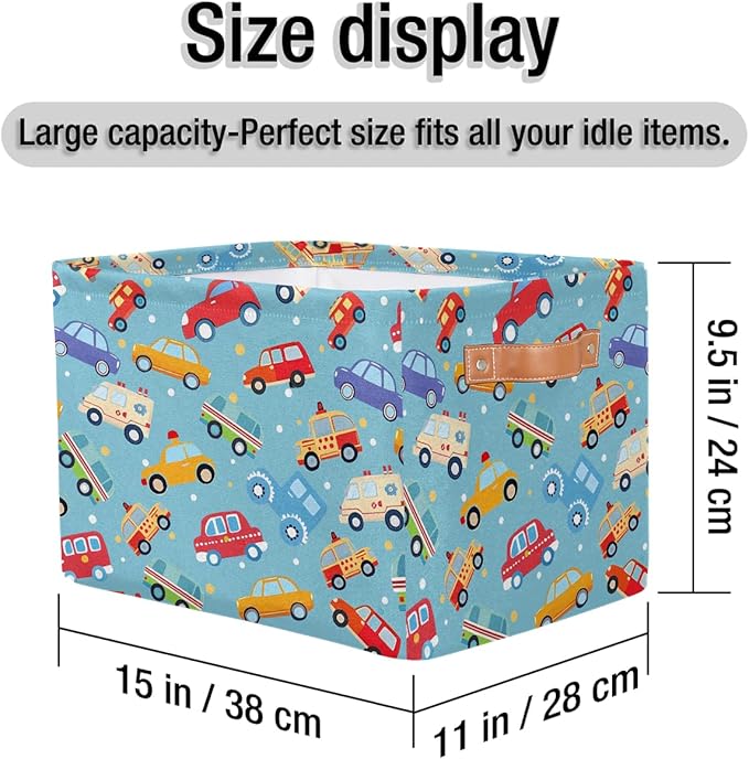 Cartoon Cars Storage Basket for Shelves, Storage Bins with Handles, Collapsible Basket for Organizing, Closet Toy Baskets for Nursery Room, 15x11x9.5 in, Canvas, Cute Cars Trucks