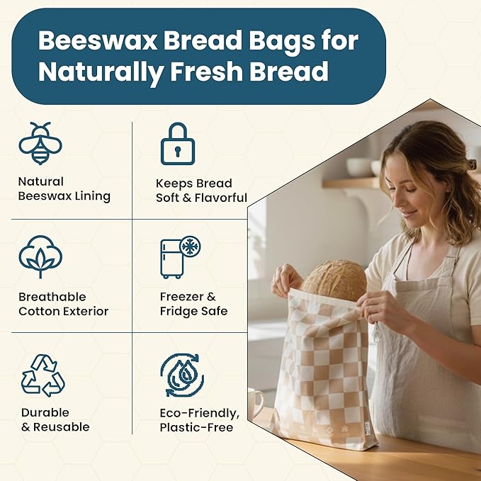 Buzzy Bags 3-Pack Reusable Beeswax Bread Bags (XL, M, S) - Organic Cotton Beeswax Bread Storage Bag for Homemade Bread & Sourdough Freezer-Safe, Breathable & Freshness Support - Eco-Friendly Bread Bag
