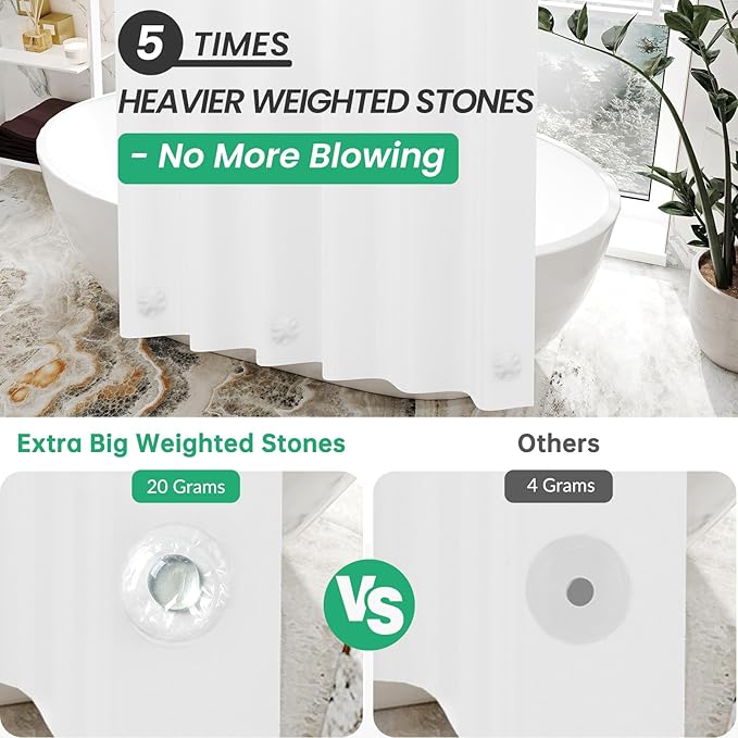 AmazerBath White Shower Curtain Plastic 72x72 Inches, Thick PEVA Shower Curtain Waterproof, Heavy Duty Shower Curtains for Bathroom with 3 Big Clear Weighted Stones and 12 Rustproof Grommets