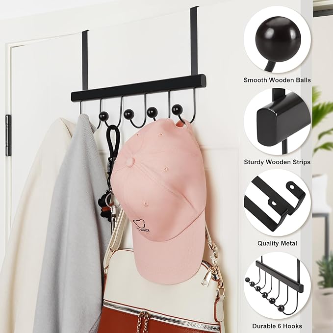 TOPIA HANGER Over The Door Hooks for Hanging, Towel Hooks Towel Racks for Bathroom, Coat Hooks Coat Rack Over The Door Organizer Hanging, Wooden Door Hangers for Coat Towel Hat Purse CT72B - 2 Pack