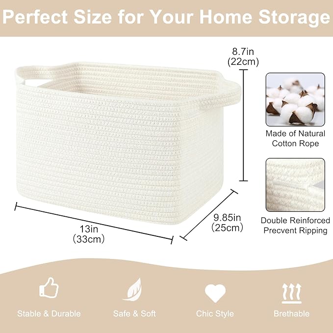 Storage Baskets for Organizing, Woven Baskets for Shelves, Rectangle Decorative Organizer for Storage Clothes, Toy, Books, Towels Nursery Bins 3 Pack (White, 13"x9.85"x8.7")