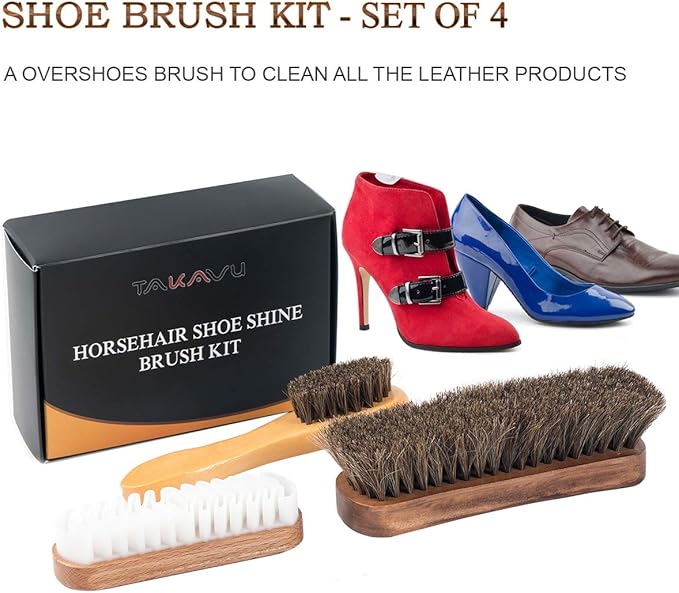 TAKAVU Shoe Shine Brushes Kit (4PCS) - 100% Soft Horsehair Bristles Brush, Polish Applicator, Crepe Suede Shoes Brush, Microfiber Buffing Cloth for Shoes, Leather, Boot, Cloth, Bag