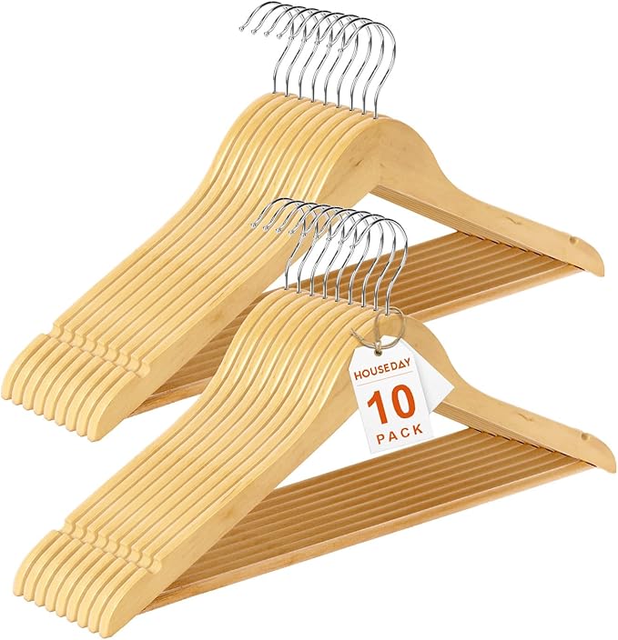 HOUSE DAY Premium Wooden Coat Hangers 10 Pack, Heavy Duty Solid Wood Clothes Hangers with 360° Swivel Hook & Pant Bar for Jackets, Dress, Shirts, Natural Wood Suit Hanger for Closet Organizer