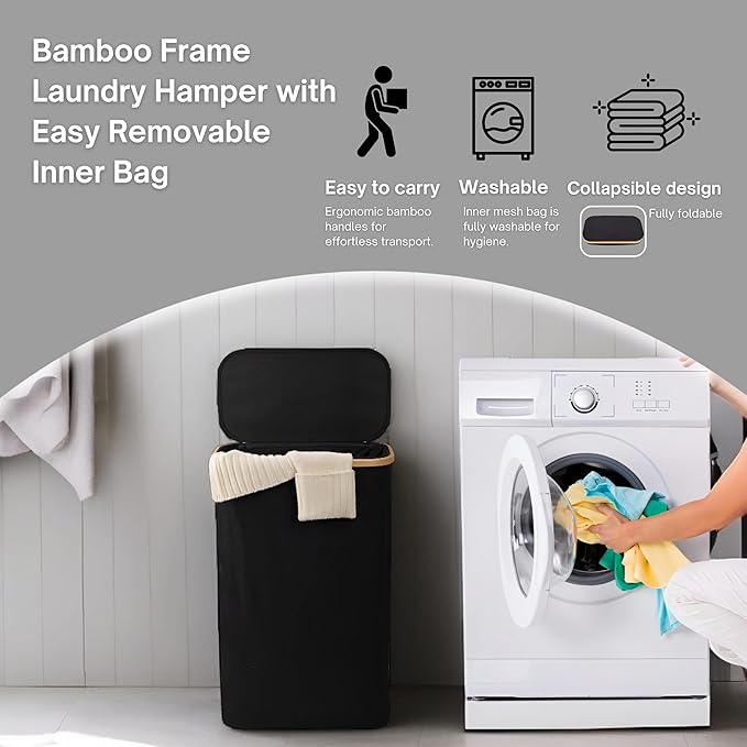 ErraLife Slim Laundry Hamper with Lid, 60L Capacity, Bamboo Handles, and Steel Ring Removable Inner Bag - Collapsible Clothes Basket Laundry Organizer for Bedroom, Bathroom, Dorm, Black