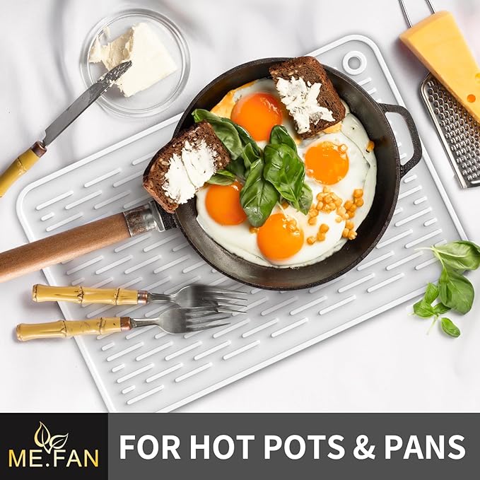 ME.FAN Silicone Dish Drying Mat for Kitchen Counter, Dish Drying Pad for Sink, Refrigerator or Drawer, Countertop Protection Pad M - 16''×12'' - White
