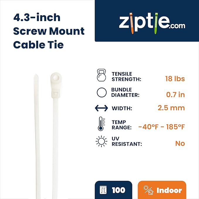 ZipTie.com 4.3-Inch Natural Zip Ties With Screw Hole - 18-lb Tensile Strength Cord Management & Secure Mounting - Indoor & Outdoor Multi-Purpose Tie Wraps (100-Pack)
