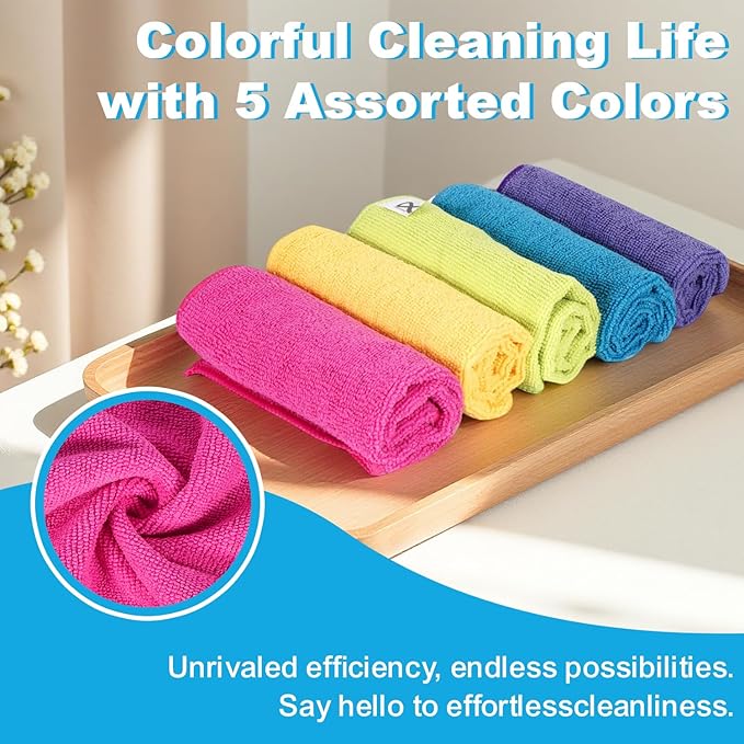 INFICRIME Microfiber Cleaning Cloths, 15 Pack Cleaning Rags, Wet and Dry Use Cleaning Towels, Highly Absorbent and Soft Feel, Lint Free, Streak Free, 11.5"X11.5"(Red/Yellow/Green/Blue/Purple)