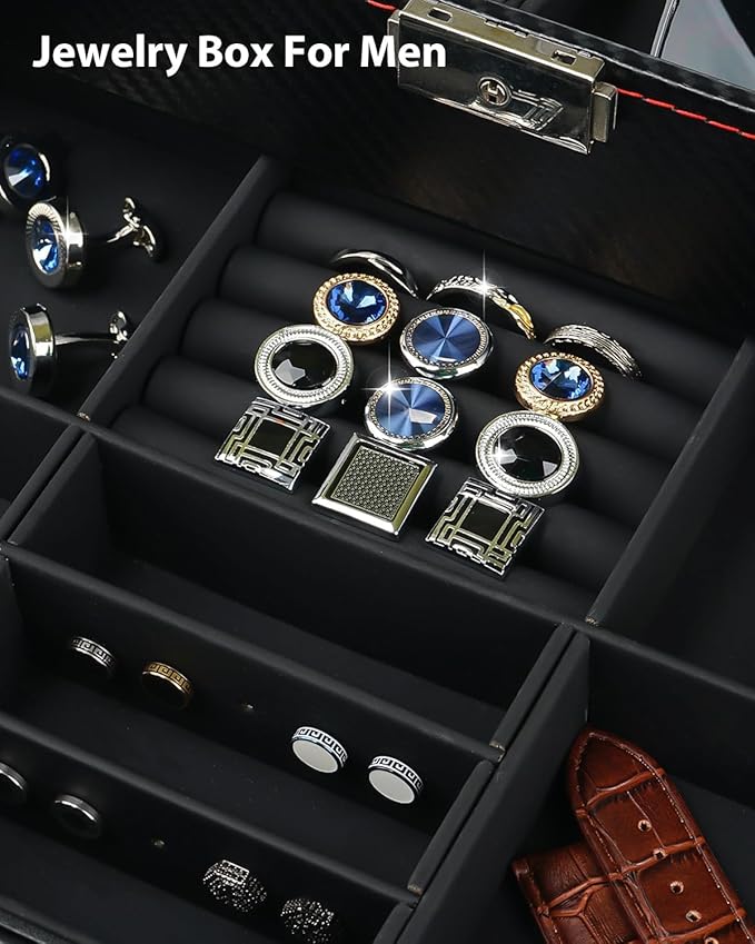 Jenseits Watch Box for Mens Jewelry Box, 6 Slot Watch Case & 3 Slot Sunglasses Organizer, Lockable PU Leather Jewelry Organizer Watch Display Storage W/Drawer For Rings Bracelets, Gift for Men Women