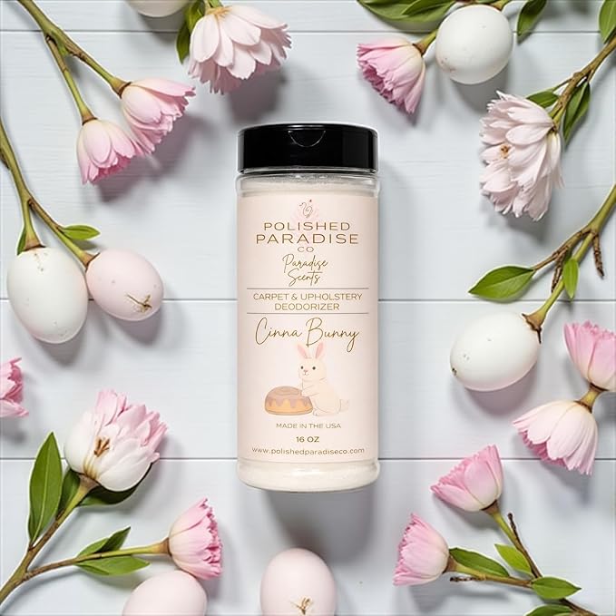 Polished Paradise Co Paradise Scents Cinnamon Bun Carpet and Upholstery Deodorizer, Easter Holiday Scent Powder for Rugs and Textiles, 16 Oz (CinnaBunny)