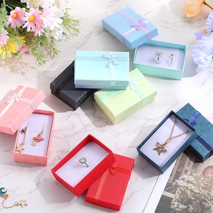 Batiyeer Jewelry Gift Boxes Set Empty Small Gift Cardboard Boxes for Jewelry Packaging with Ribbon Bowknot for Anniversaries Weddings Birthday, 8 Colors(120 Pcs)