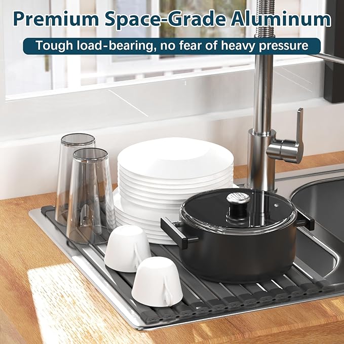 KABUM 17.72x11.81 Heavy-Duty Aluminum Alloy Roll Up Dish Drying Rack, Food-Safe Coating with Anti-Skid Silicone, Extra Wide & Thickened Sink Drying Rack for Kitchen Counter, Space-Saving Organizer