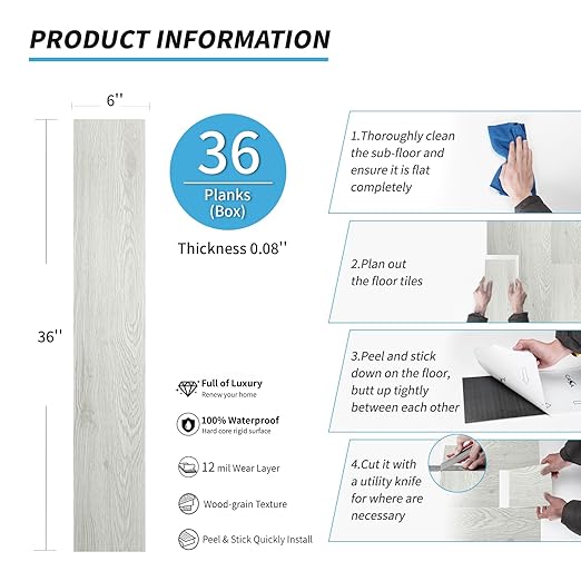 Art3d Peel and Stick Floor Tile Vinyl Wood Plank 36-Pack 54 Sq.Ft, White-ash, Rigid Surface Hard Core Easy DIY Self-Adhesive Flooring