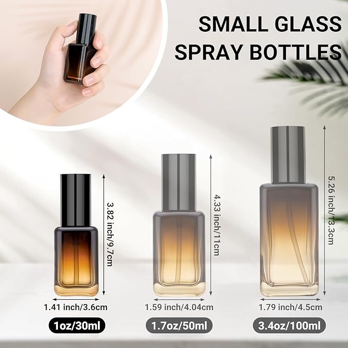 Segbeauty 1oz Small Amber Glass Spray Bottle Refillable, 4pcs Fine Mist Empty Glass Travel Bottles for Toiletries Liquid Containers, 30ml Travel Size Mini Spray Bottle Atomizer Sprayer for Perfume